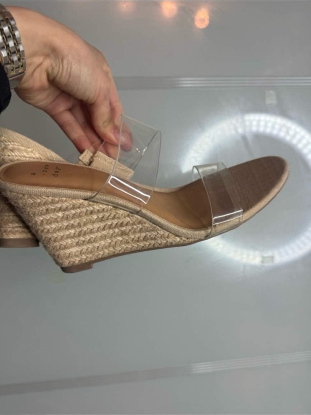 Clear-Strap Espadrille Wedge Sandals in Natural